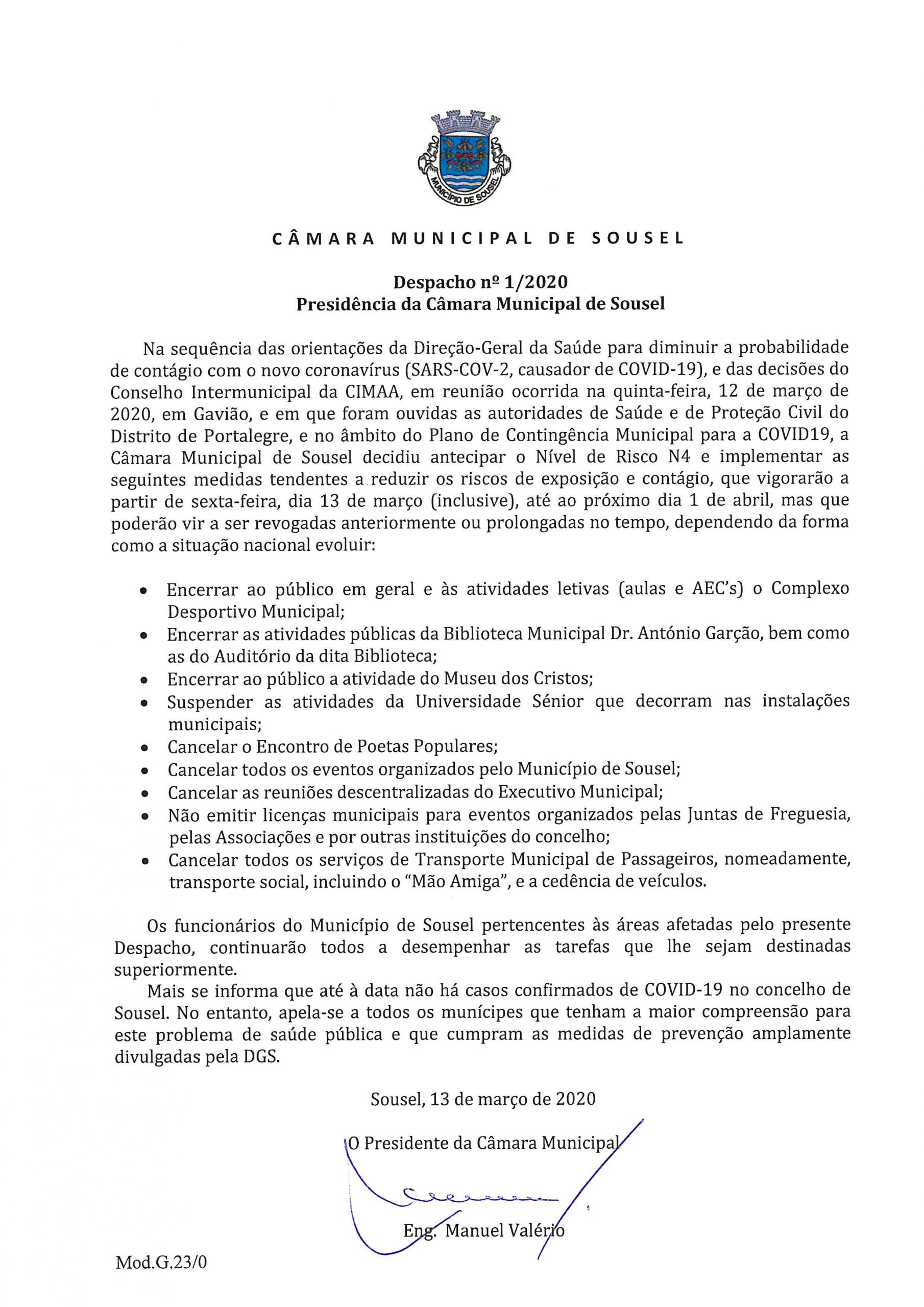 MUNICÍPIO DE SOUSEL – DESPACHO 01/2020