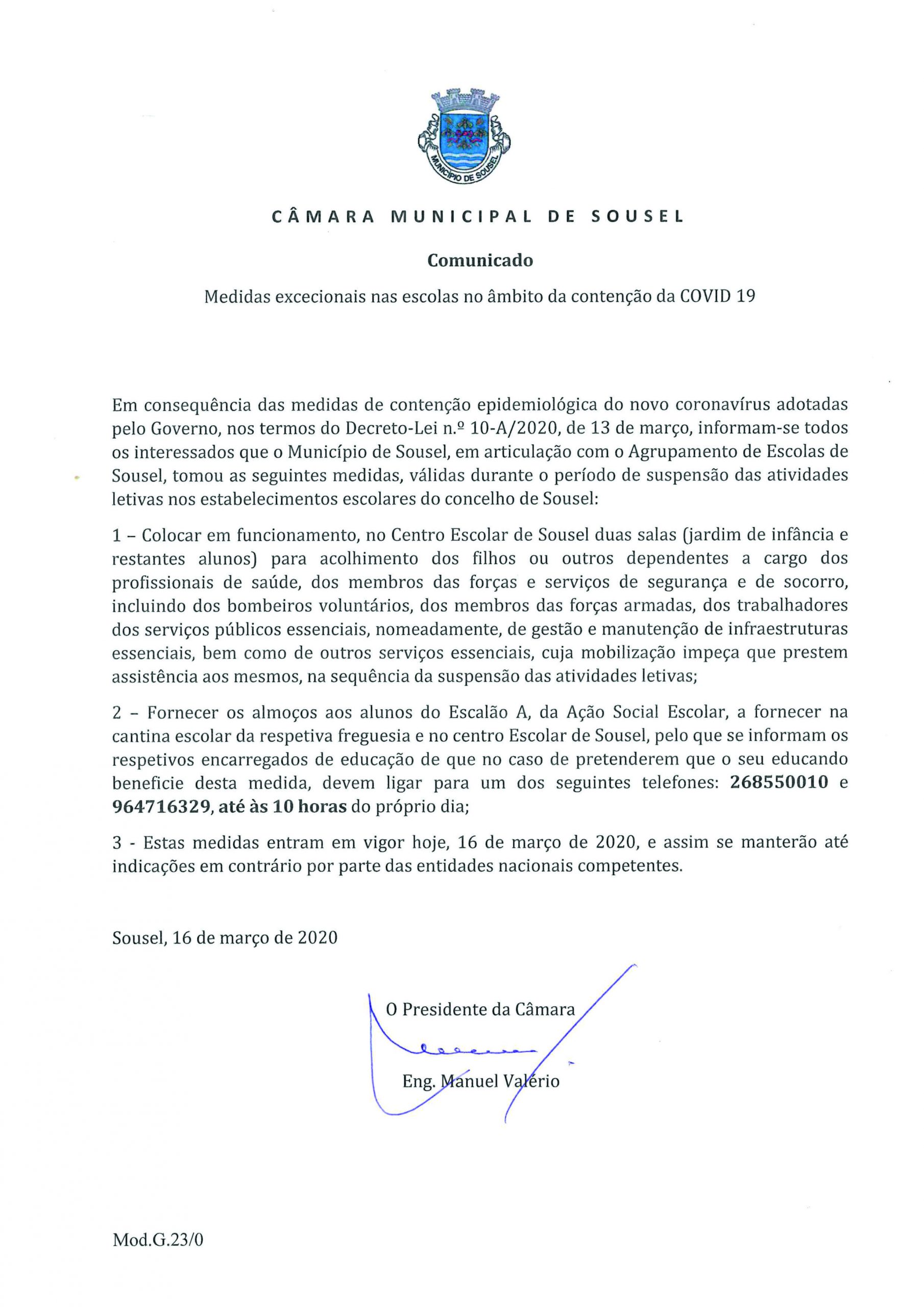 COMUNICADO – Medidas excecionais nas escolas no âmbito da contenção da COVID 19