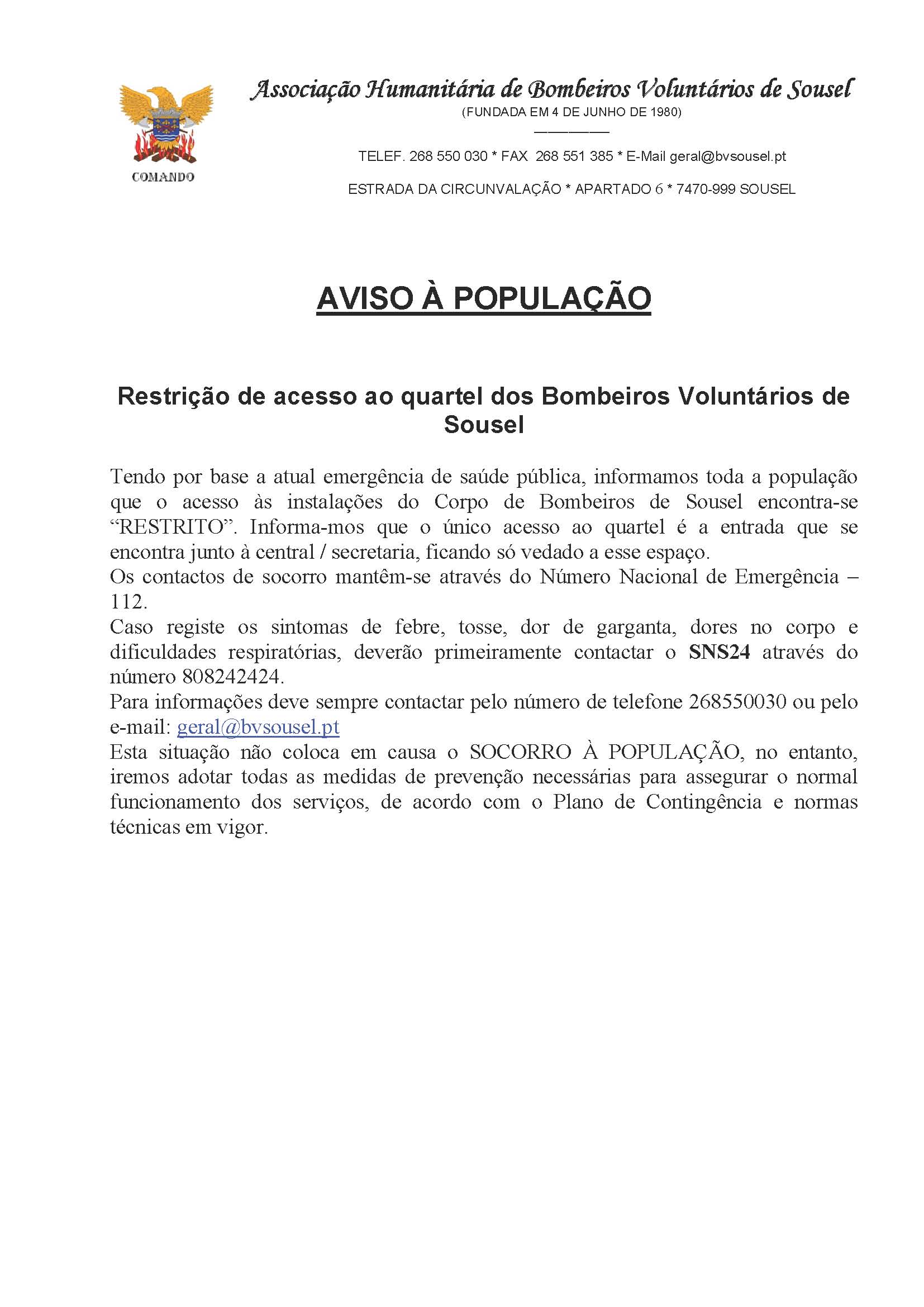 Bombeiros Voluntários de Sousel – Aviso à População