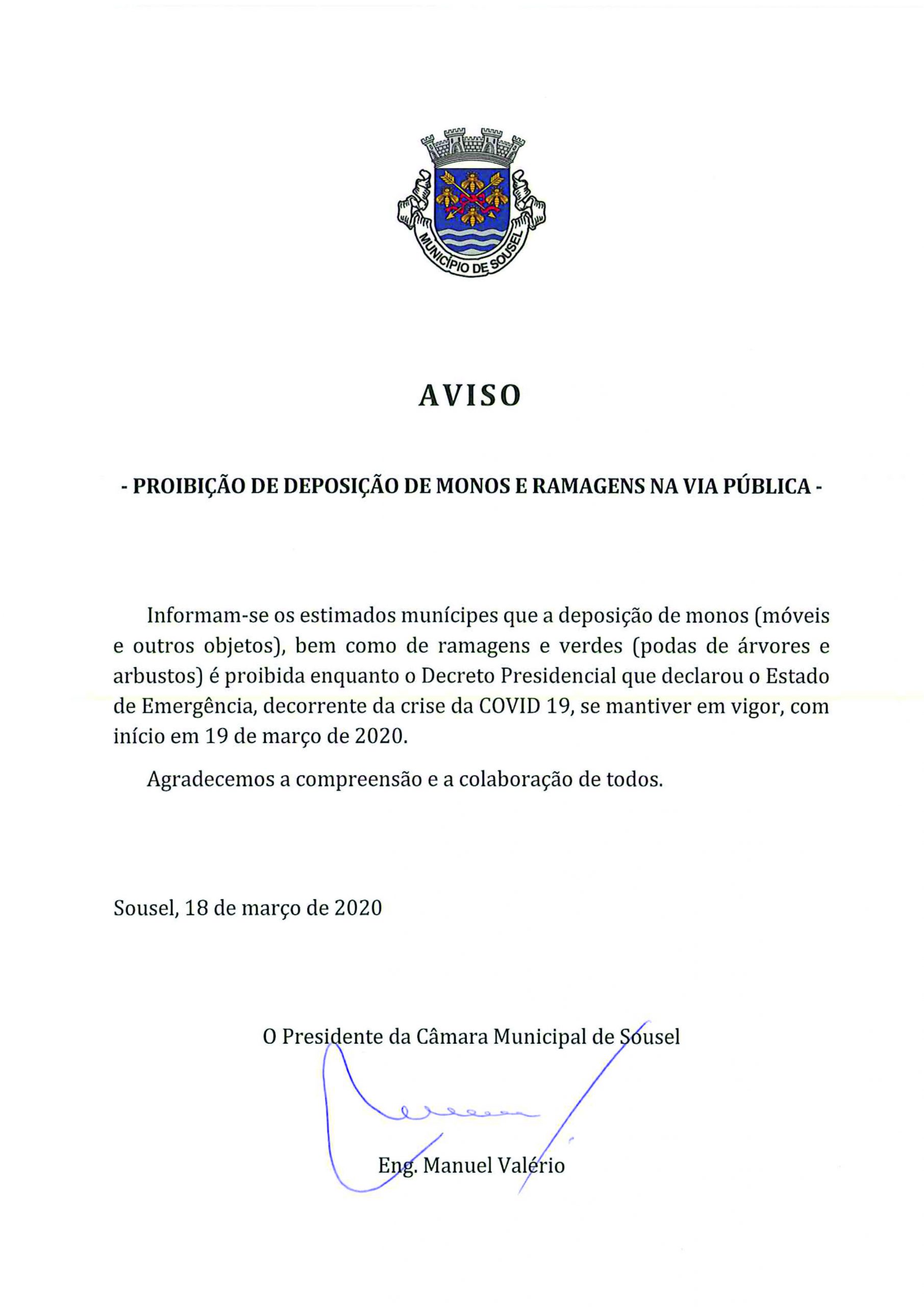 AVISO  – Proibição de deposição de monos e ramagens na via pública