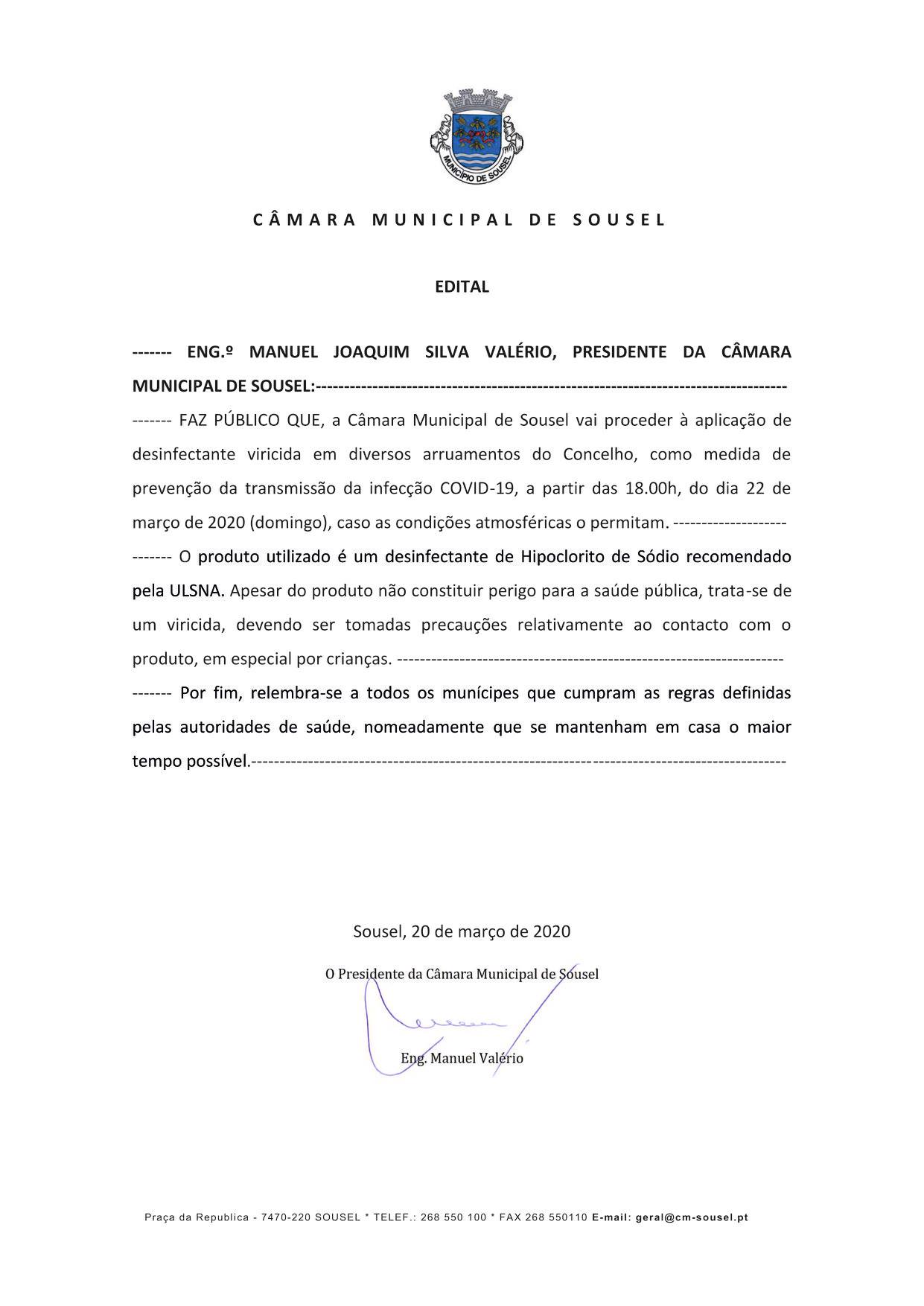 AVISO – Aplicação de Desinfectante Viricida em arruamentos do Concelho
