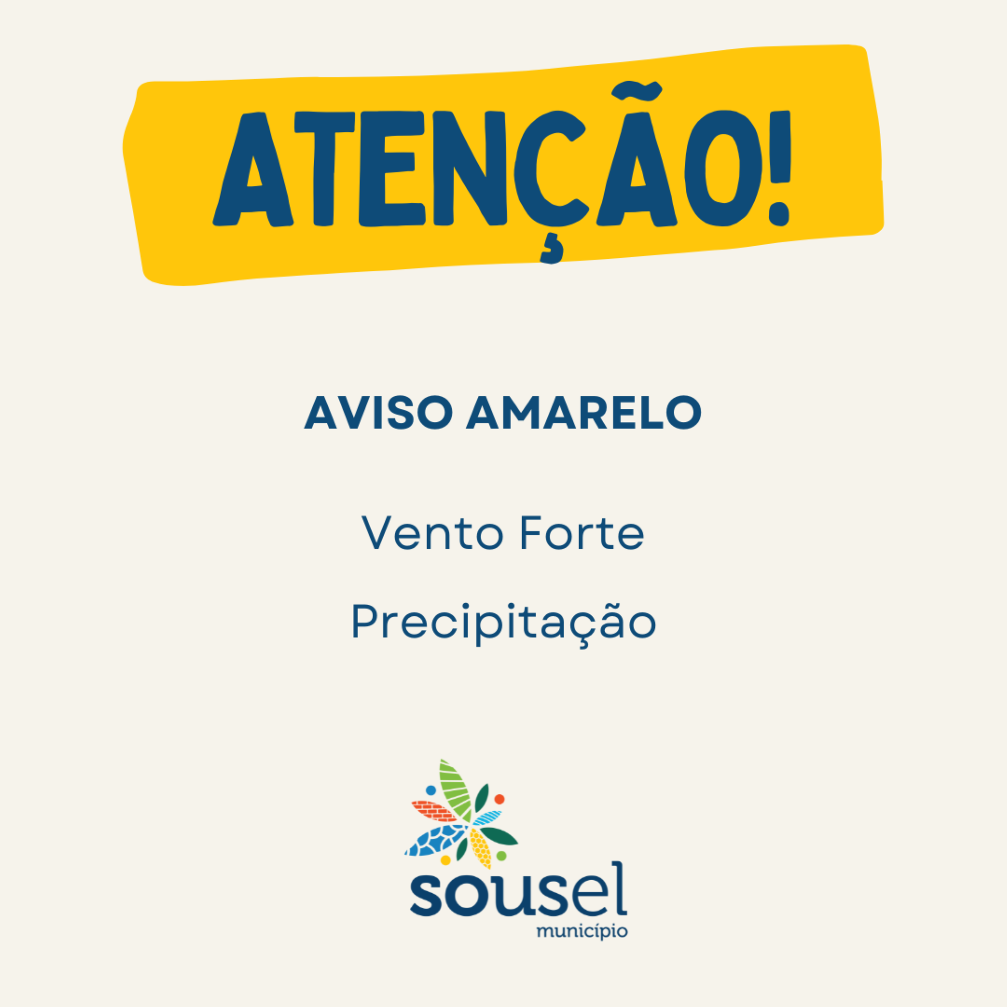 AVISO AMARELO – VENTO FORTE E PRECIPITAÇÃO